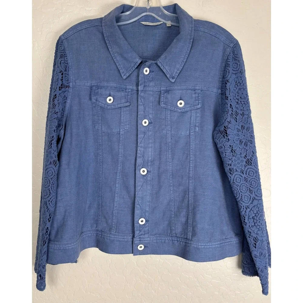 Soft Surroundings Blue Linen Lace Sleeve Jacket Womens L 2325